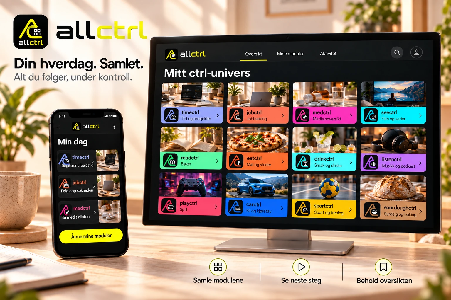 Konseptbilde av allctrl på telefon og PC